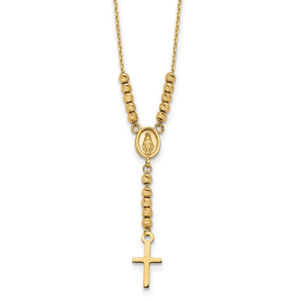 14K Yellow Gold Miraculous Medal Cross D.C. Beads 17 inch Y-Necklace