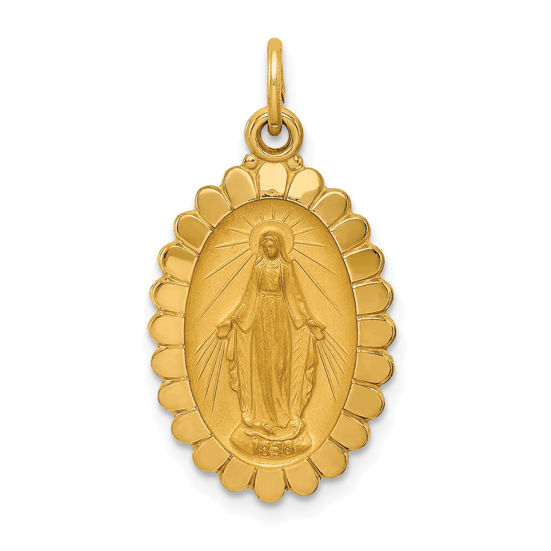 14K Yellow Gold Miraculous Medal Scalloped Edge Oval Pendant