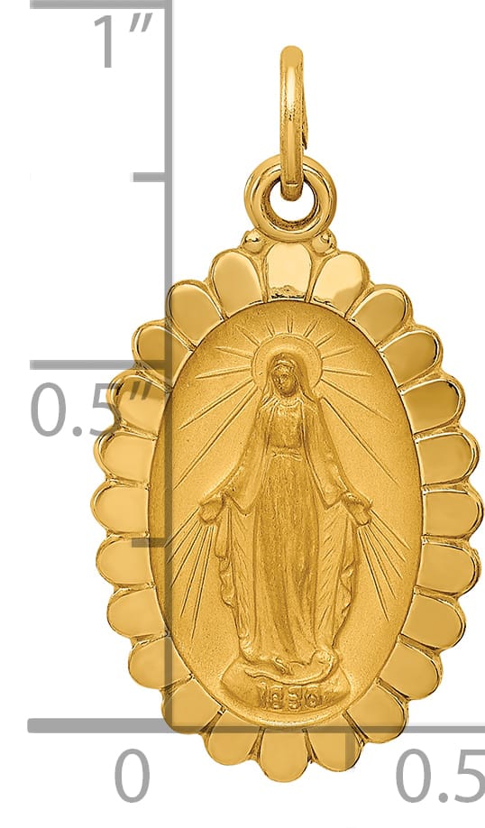 14K Yellow Gold Miraculous Medal Scalloped Edge Oval Pendant