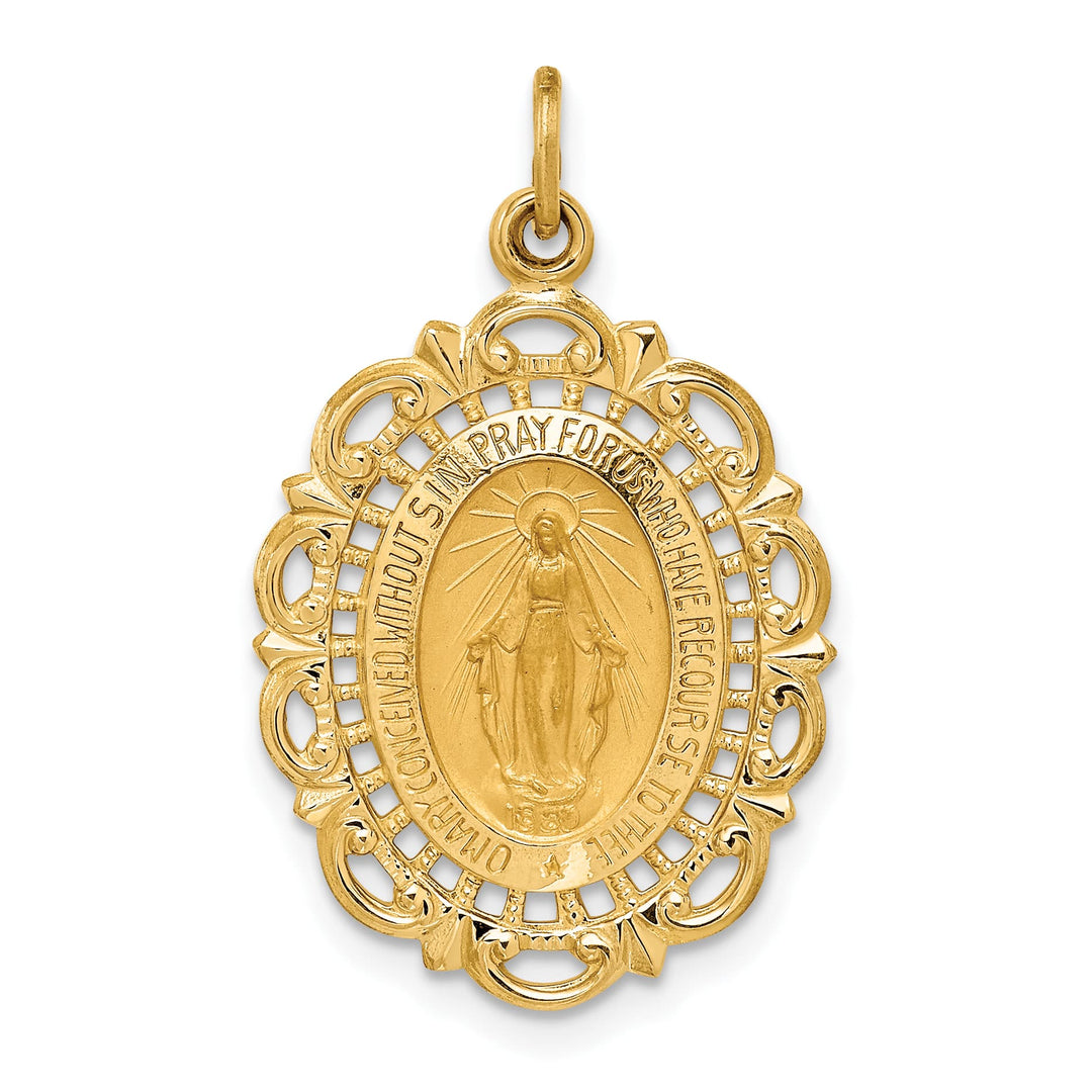 14K Yellow Gold Miraculous Medal Scalloped Edge Oval Pendant