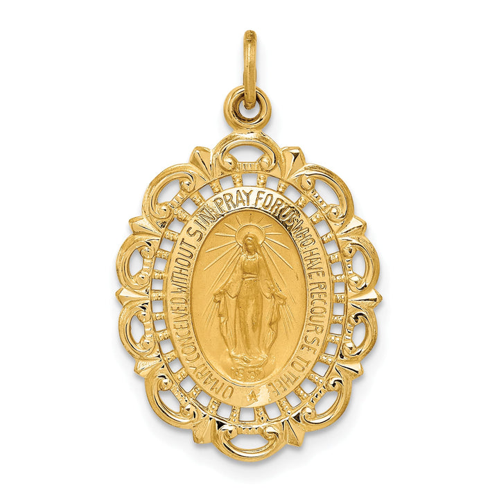 14K Yellow Gold Miraculous Medal Scalloped Edge Oval Pendant
