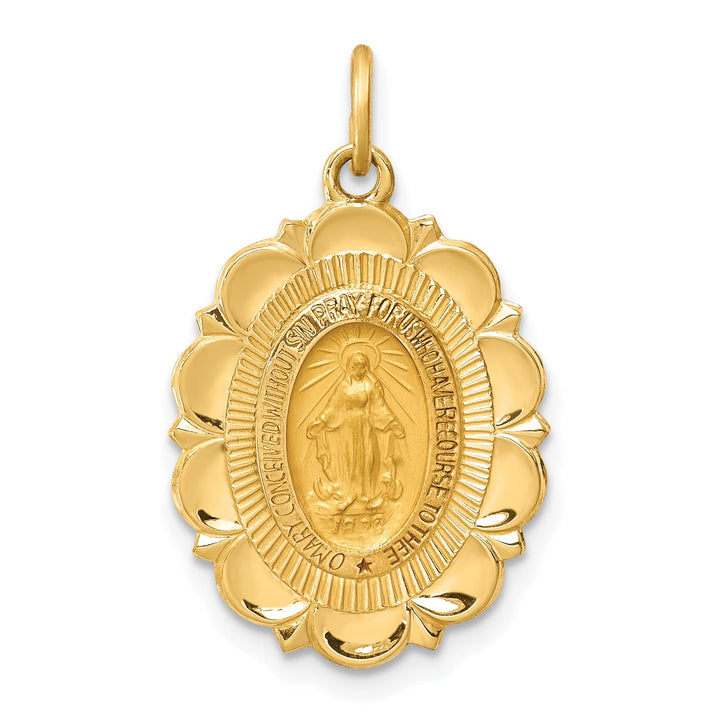 14K Yellow Gold Miraculous Medal Scalloped Edge Oval Pendant