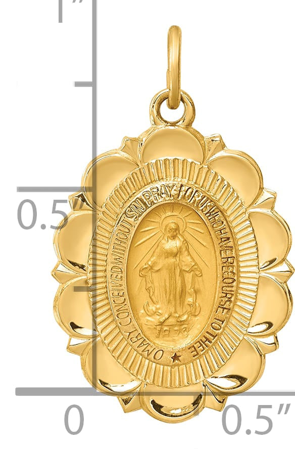 14K Yellow Gold Miraculous Medal Scalloped Edge Oval Pendant