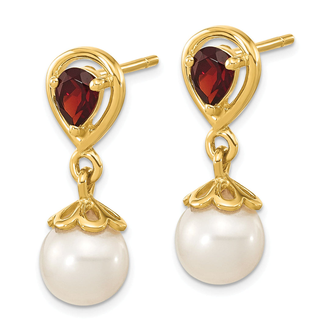 14K Yellow Gold Modern 6-7mm Freshwater Pearl Garnet Dangle Studs