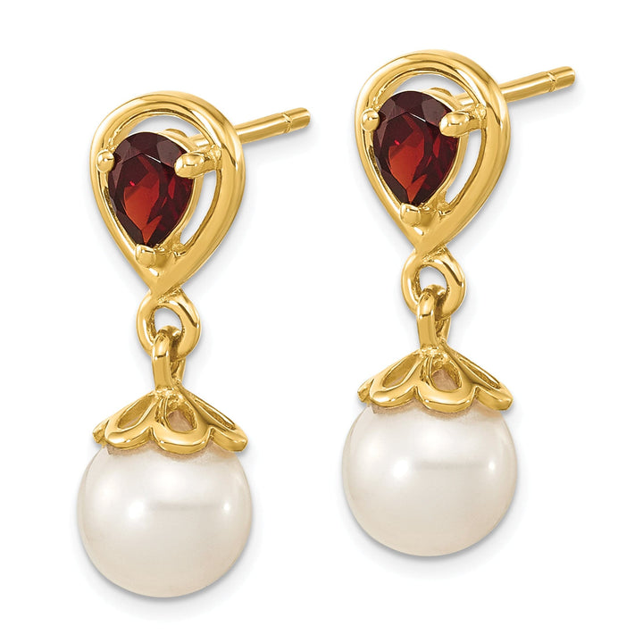14K Yellow Gold Modern 6-7mm Freshwater Pearl Garnet Dangle Studs