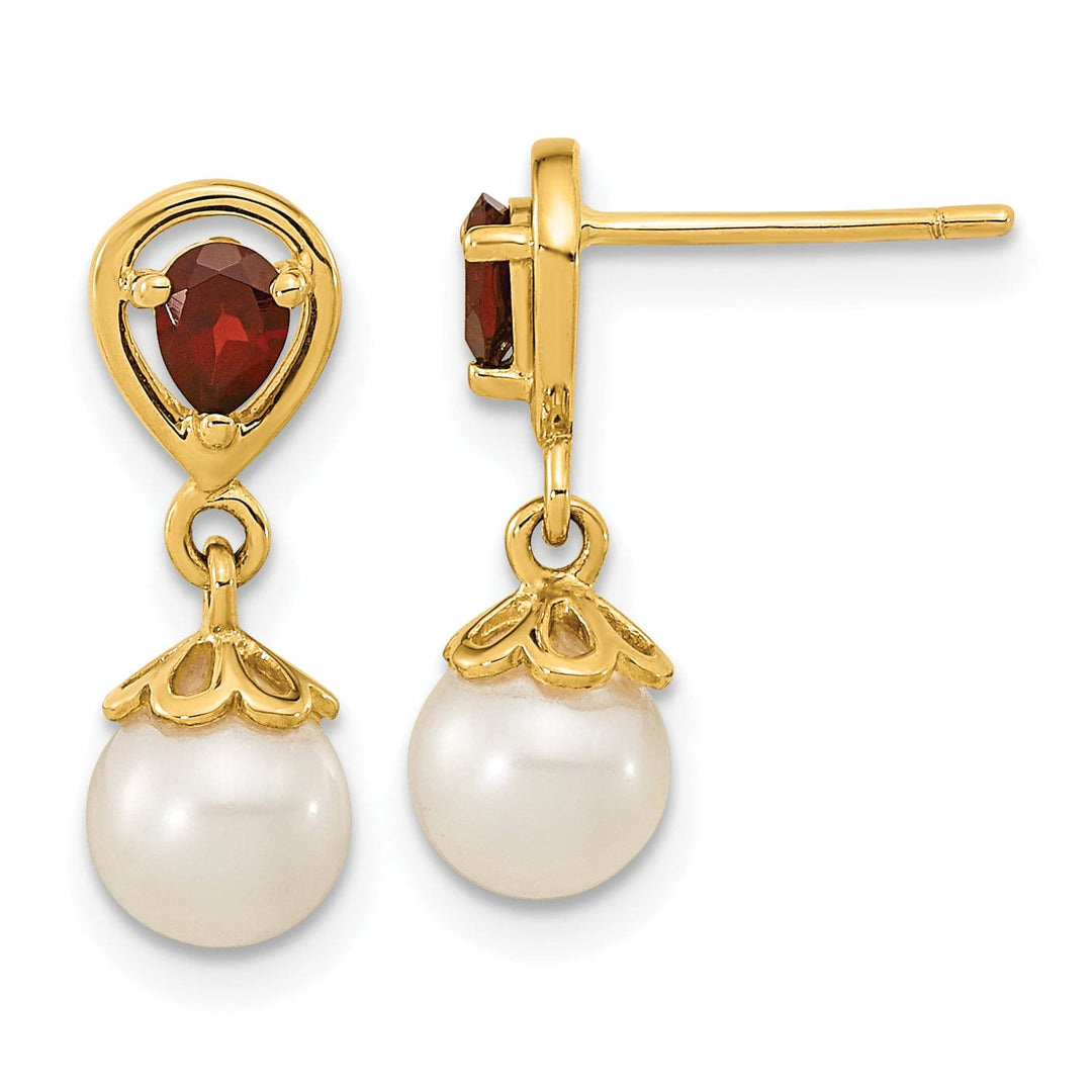 14K Yellow Gold Modern 6-7mm Freshwater Pearl Garnet Dangle Studs