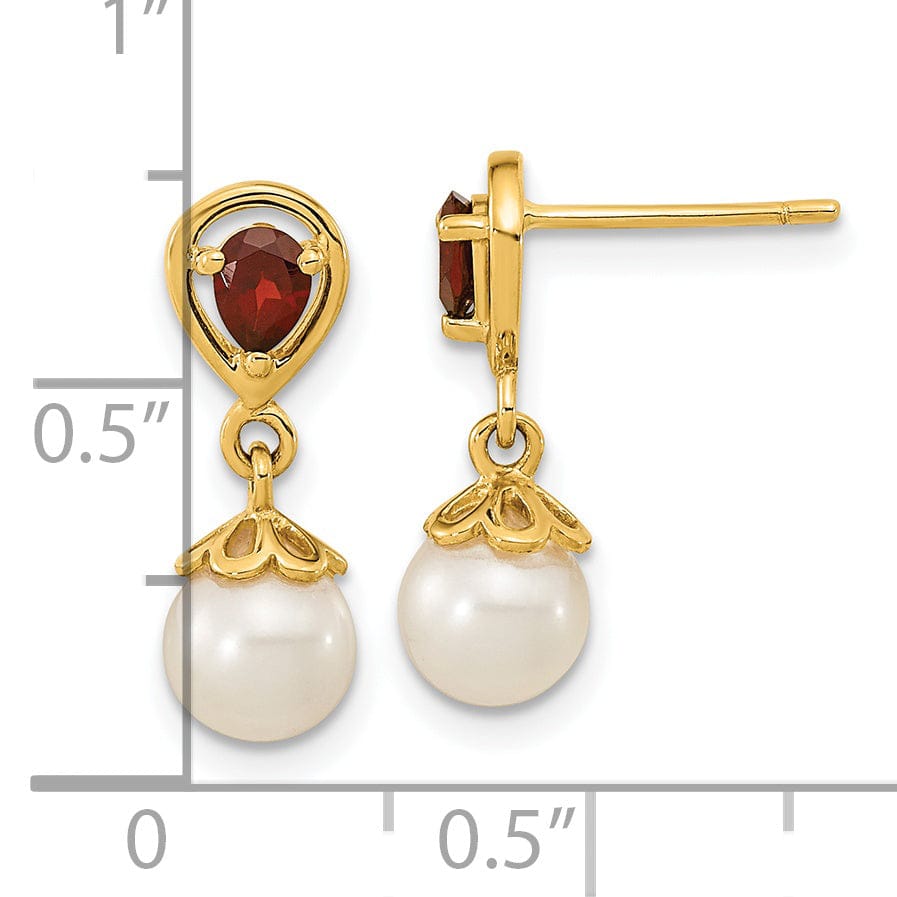 14K Yellow Gold Modern 6-7mm Freshwater Pearl Garnet Dangle Studs
