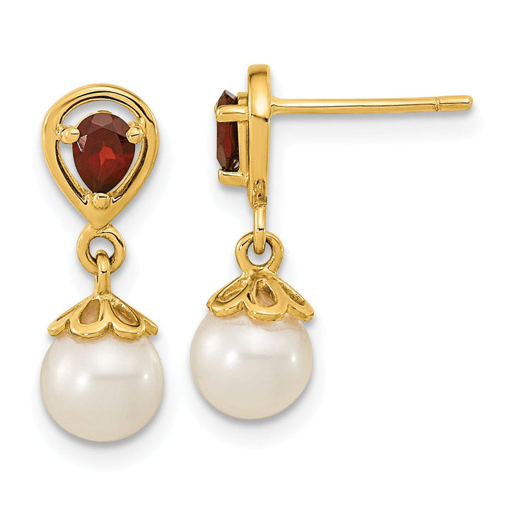 14K Yellow Gold Modern 6-7mm Freshwater Pearl Garnet Dangle Studs