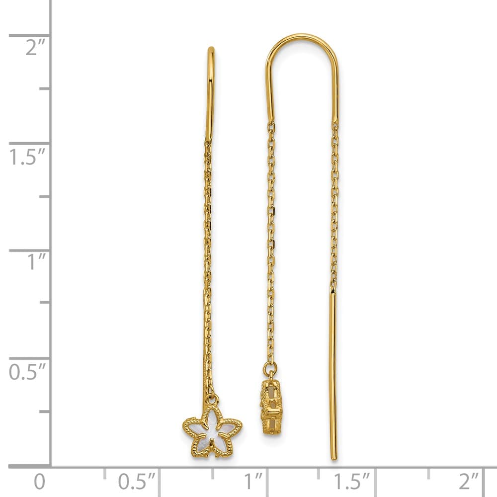 14K Yellow Gold Mother of Pearl Flower Cable Chain Threader Earrings, view 3 of 3