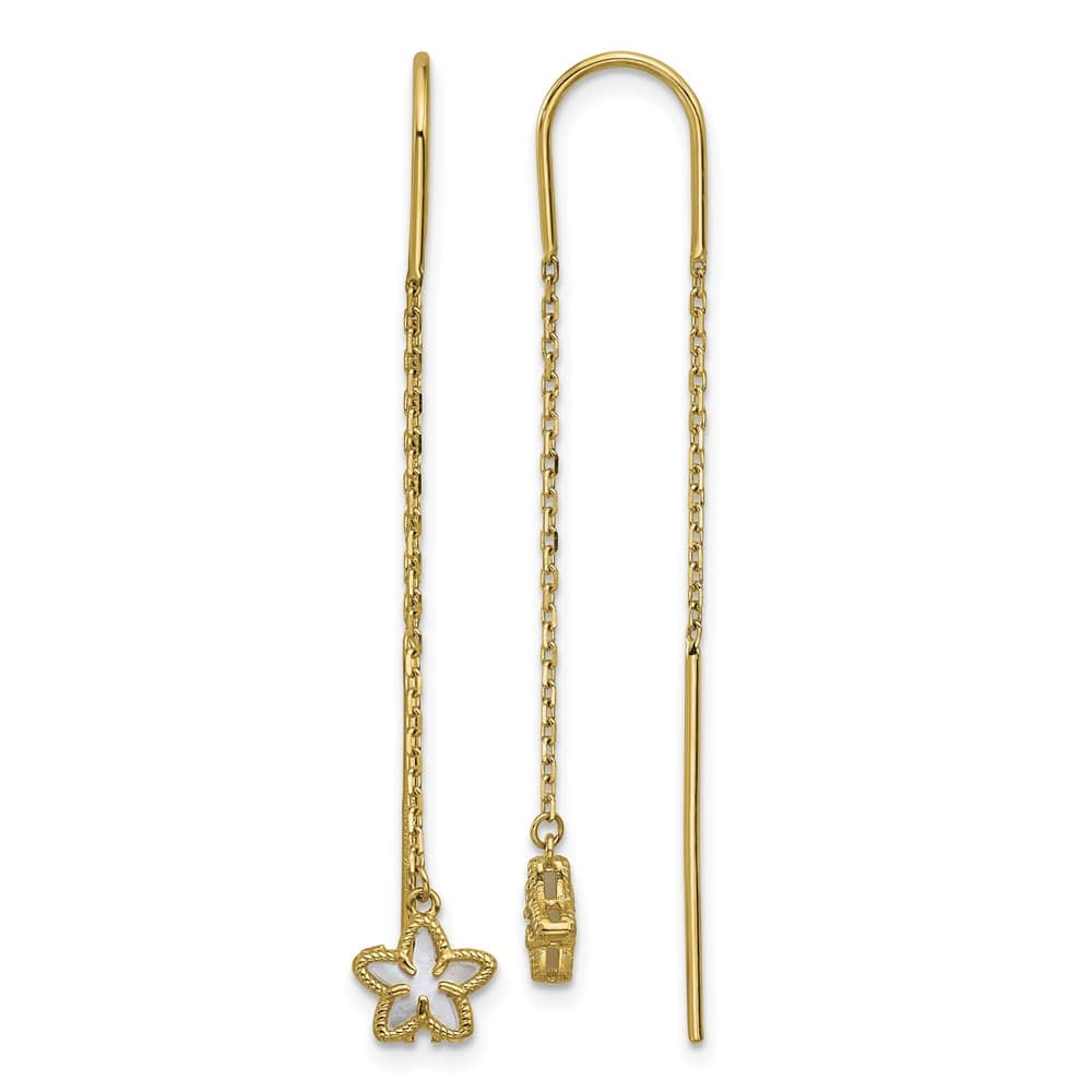 14K Yellow Gold Mother of Pearl Flower Cable Chain Threader Earrings, view 1 of 3