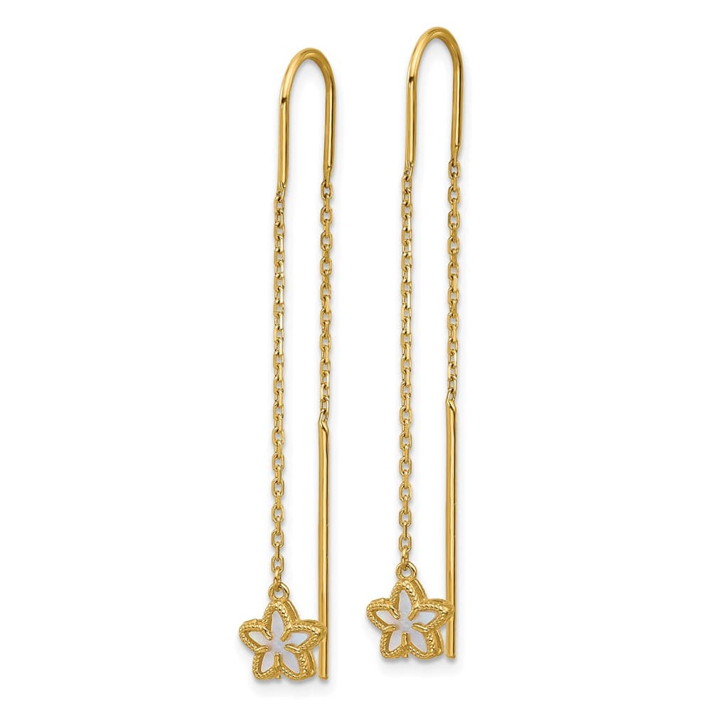 14K Yellow Gold Mother of Pearl Flower Cable Chain Threader Earrings, view 2 of 3
