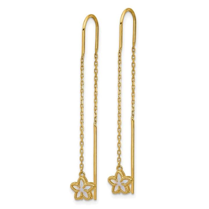 14K Yellow Gold Mother of Pearl Flower Cable Chain Threader Earrings, view 2 of 3