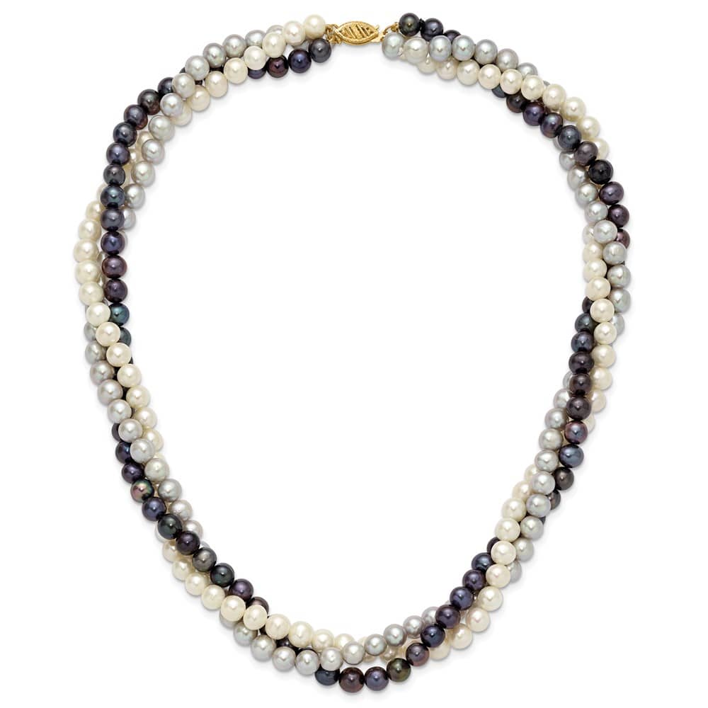 14K Yellow Gold Multi-Color Cultured Pearl 3-Strand 18 inch Necklace