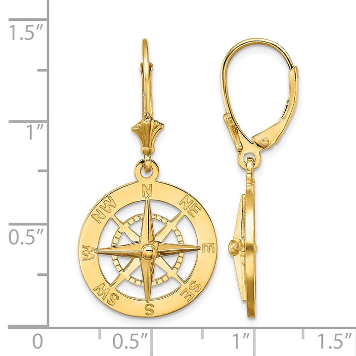 14K Yellow Gold Nautical Compass Dangle Leverback Earrings, view 4 of 4