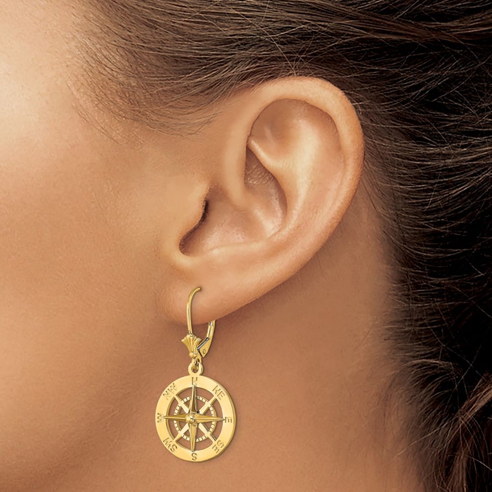 14K Yellow Gold Nautical Compass Dangle Leverback Earrings, view 3 of 4