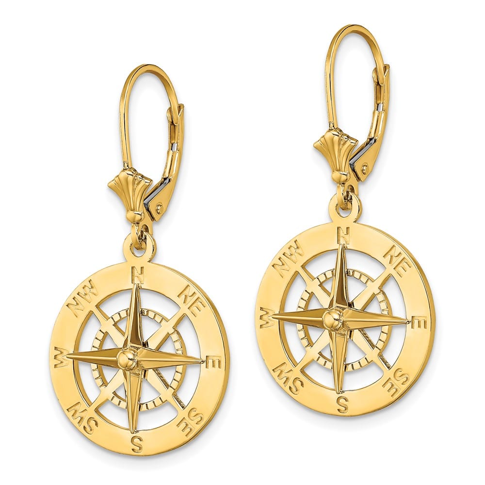 14K Yellow Gold Nautical Compass Dangle Leverback Earrings, view 2 of 4