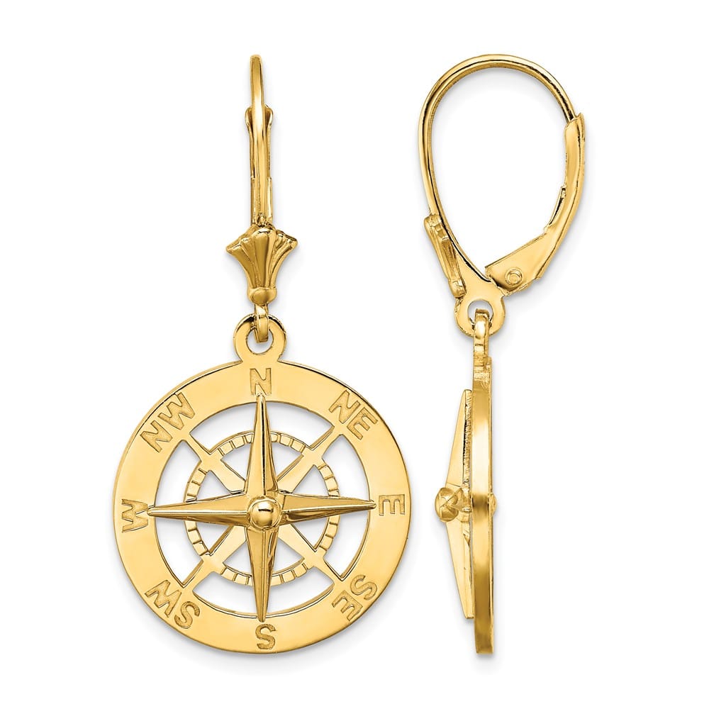 14K Yellow Gold Nautical Compass Dangle Leverback Earrings, view 1 of 4