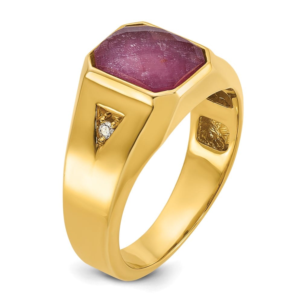 14k Yellow Gold Octagon Ruby Doublet Stone Diamond Men's Ring