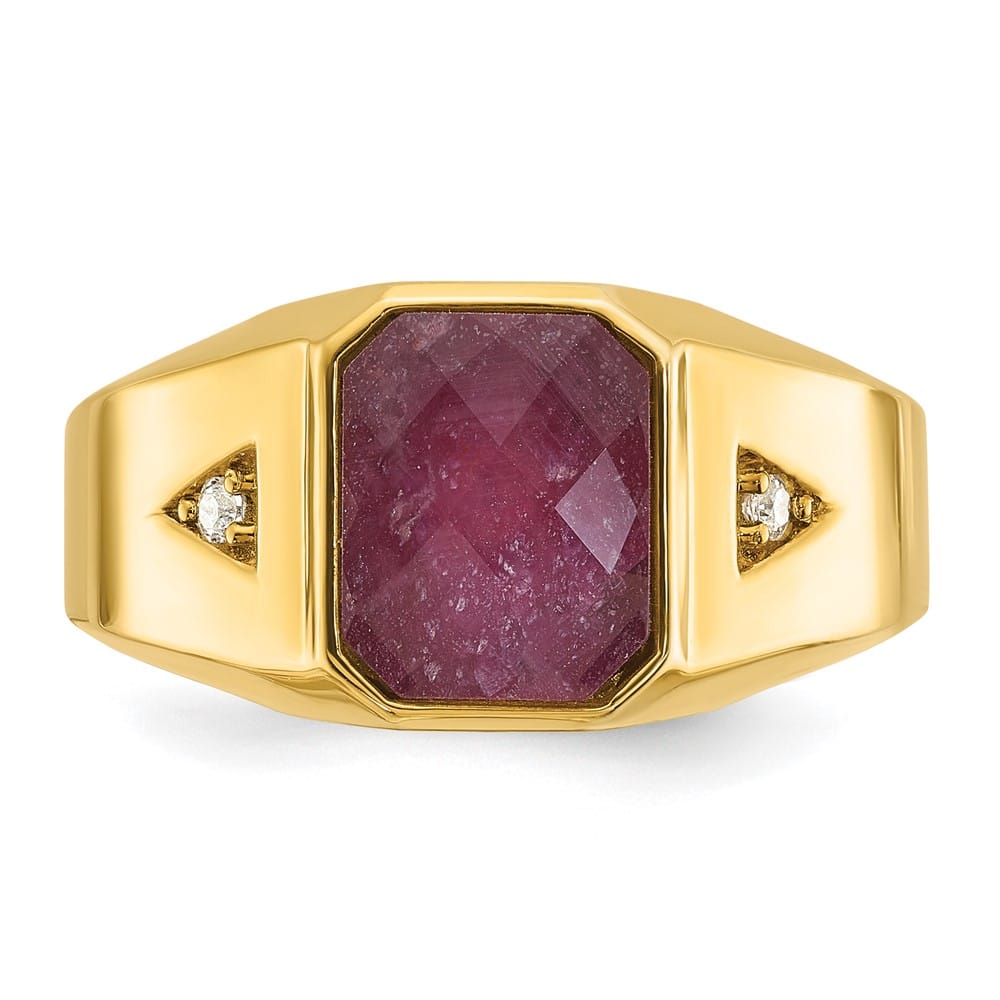 14k Yellow Gold Octagon Ruby Doublet Stone Diamond Men's Ring