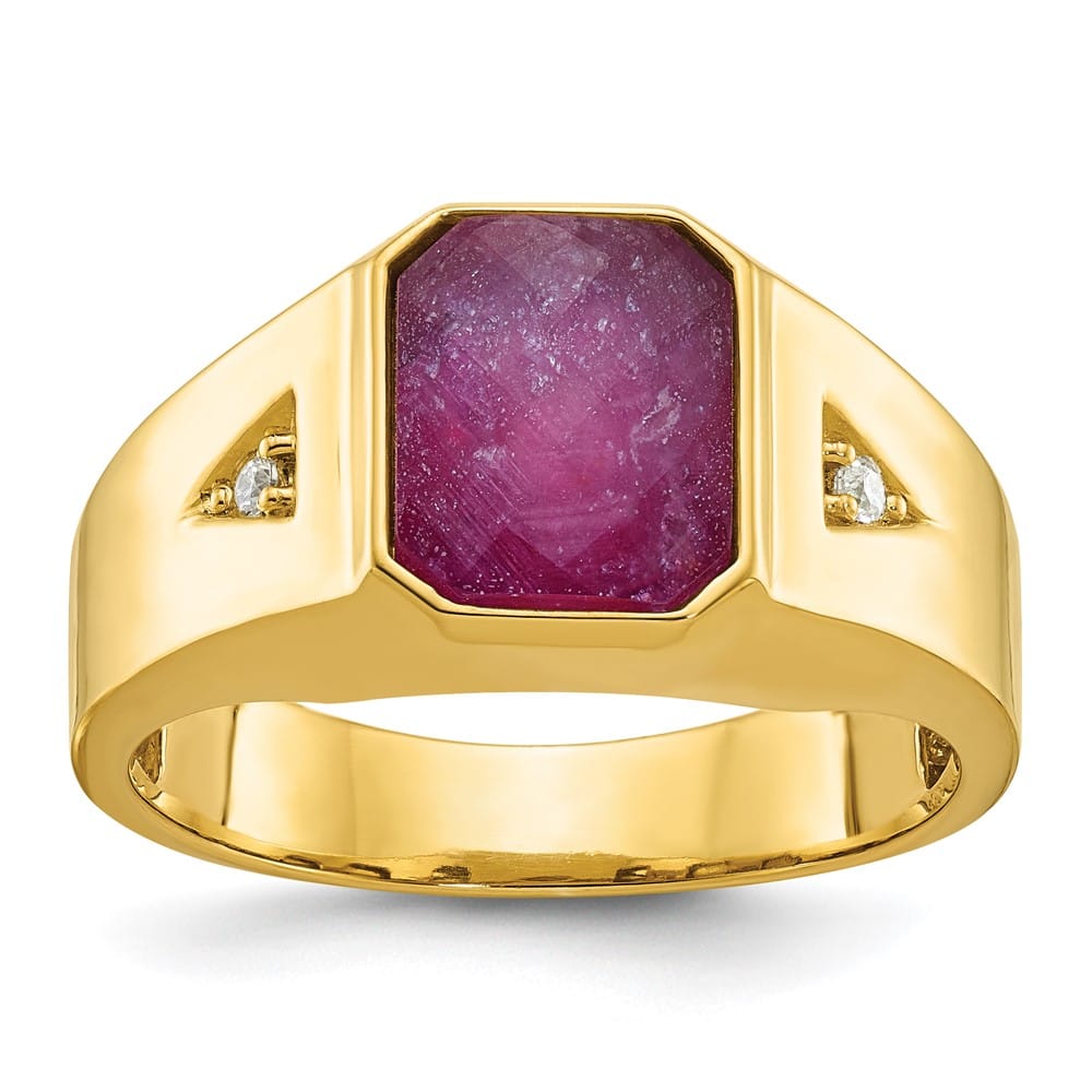 14k Yellow Gold Octagon Ruby Doublet Stone Diamond Men's Ring