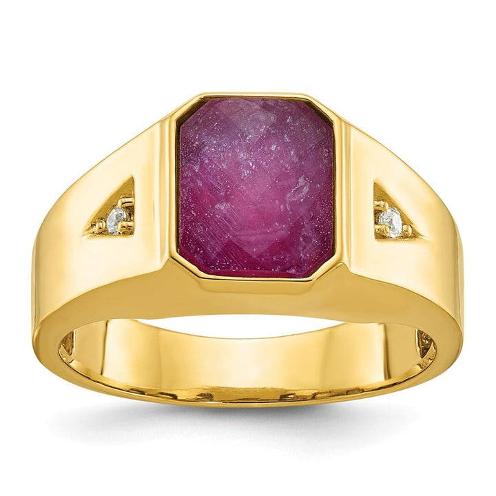 14k Yellow Gold Octagon Ruby Doublet Stone Diamond Men's Ring