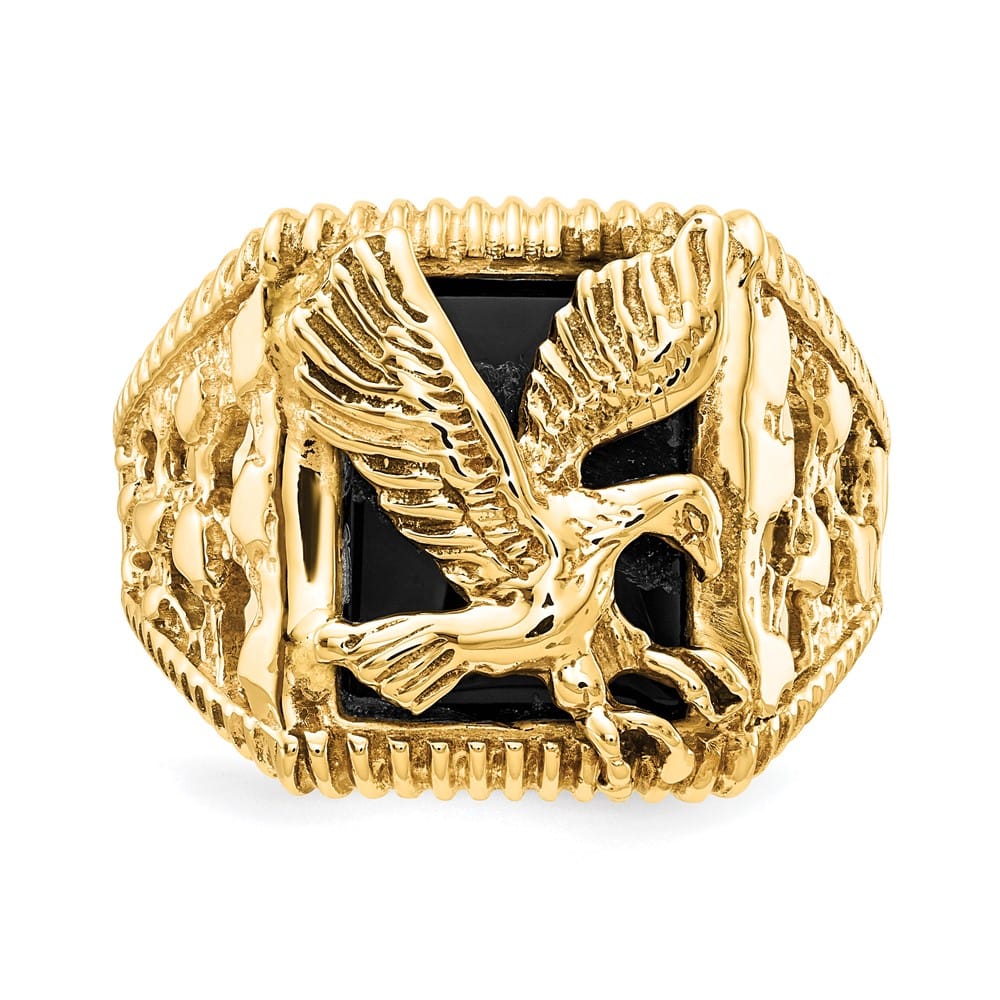 14k Yellow Gold Onyx Eagle Men's Ring