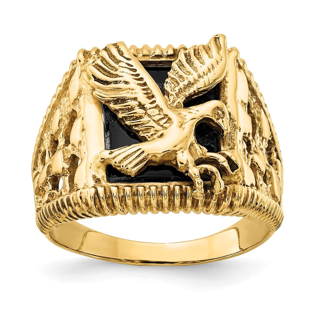 14k Yellow Gold Onyx Eagle Men's Ring
