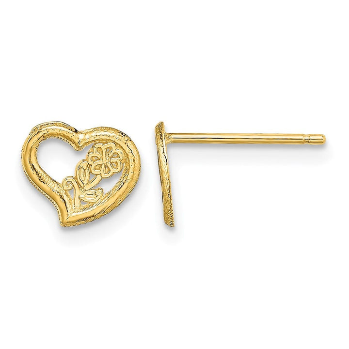 14K Yellow Gold Open Heart with Flower Post Earrings, view 1 of 4