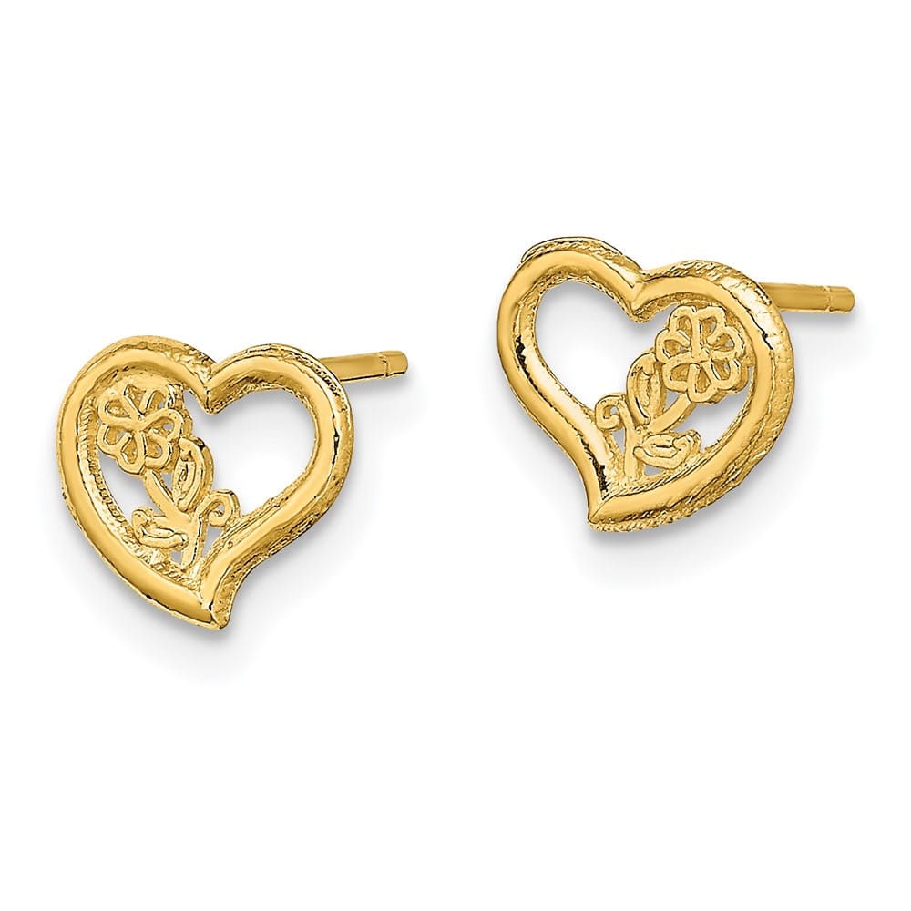14K Yellow Gold Open Heart with Flower Post Earrings, view 2 of 4