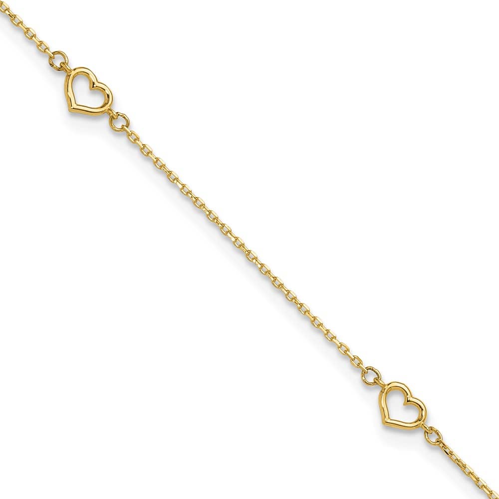14K Yellow Gold Open Hearts 4-Station Anklet — solid 14K yellow gold, 10 inches long, 1 inch extension, 0.98 mm wide, spring ring clasp, 1.39 g