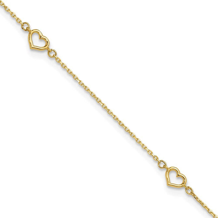 14K Yellow Gold Open Hearts 4-Station Anklet — solid 14K yellow gold, 10 inches long, 1 inch extension, 0.98 mm wide, spring ring clasp, 1.39 g