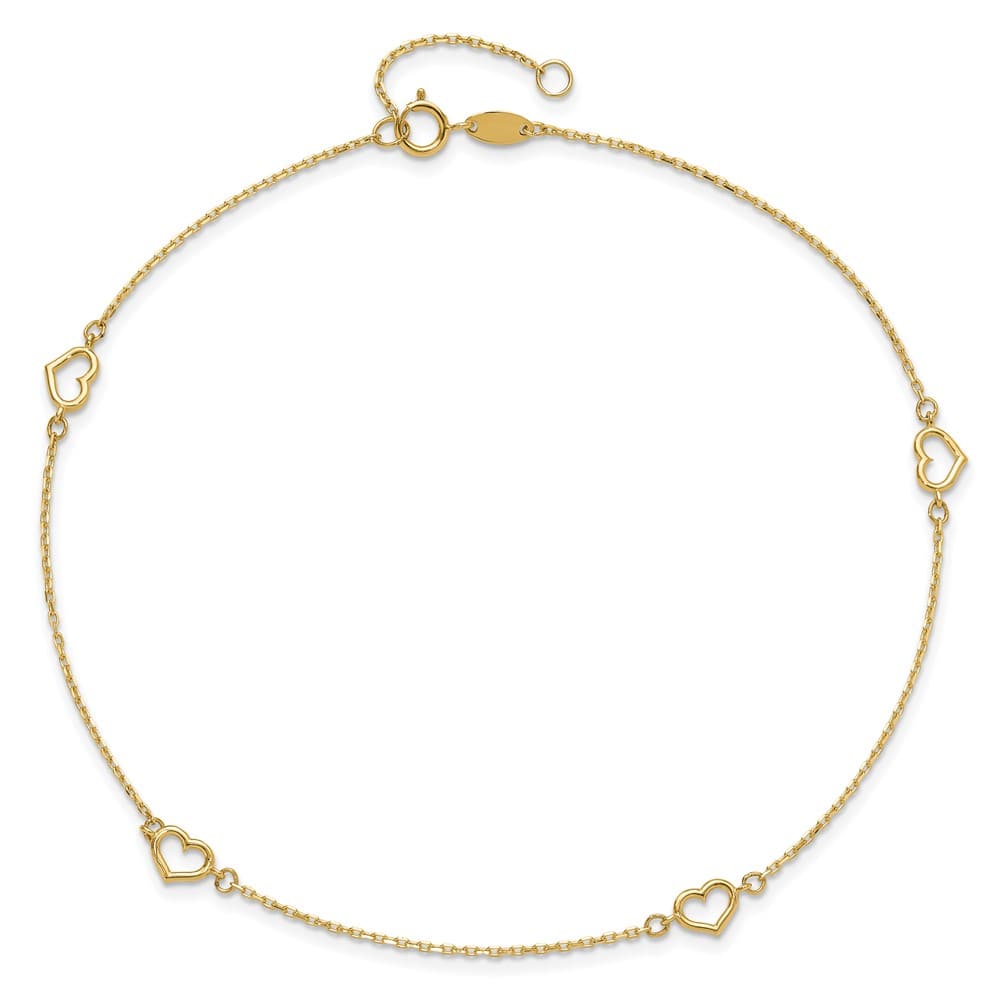 14K Yellow Gold Open Hearts 4-Station Anklet