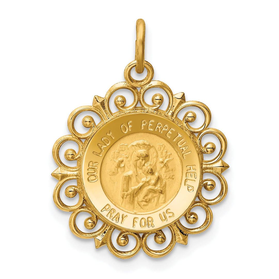 14K Yellow Gold Our Lady of Perpetual Help Medal Scalloped Edge Round