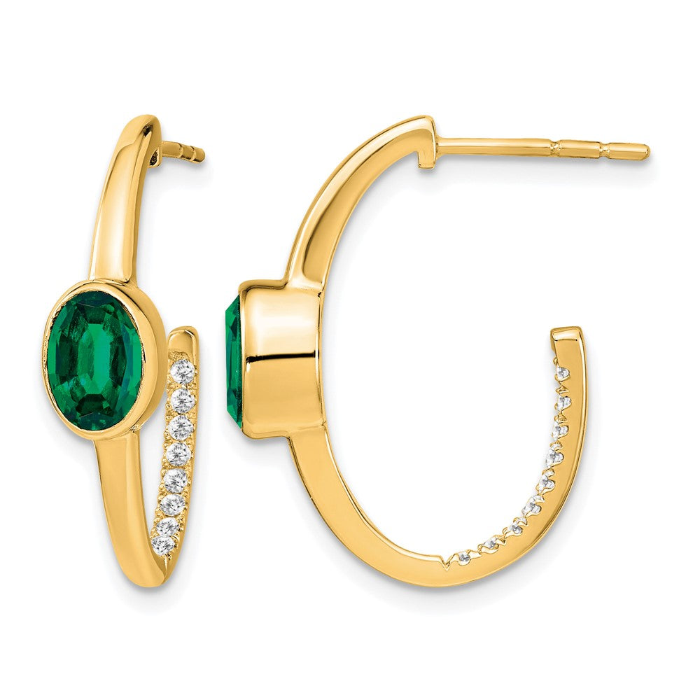 14K Yellow Gold Oval Created Emerald and Diamond J-Hoop Post Earrings, view 1 of 4