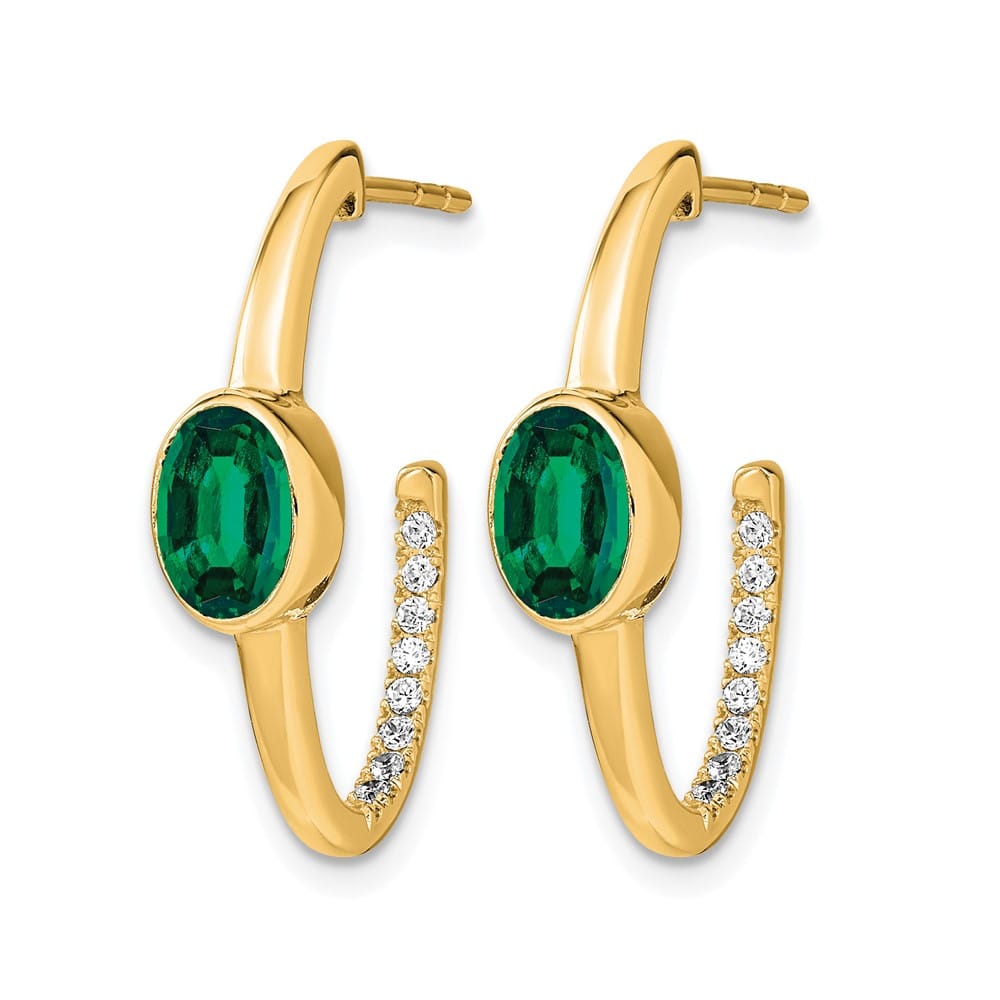 14K Yellow Gold Oval Created Emerald and Diamond J-Hoop Post Earrings, view 2 of 4