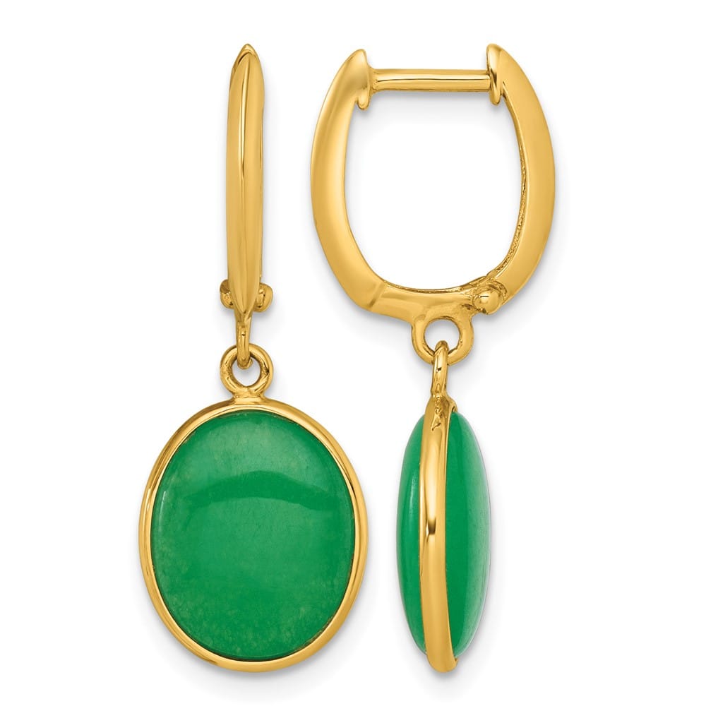 14K Yellow Gold Oval Jade Cabochon Dangle Hinged Hoop Earrings, view 1 of 4
