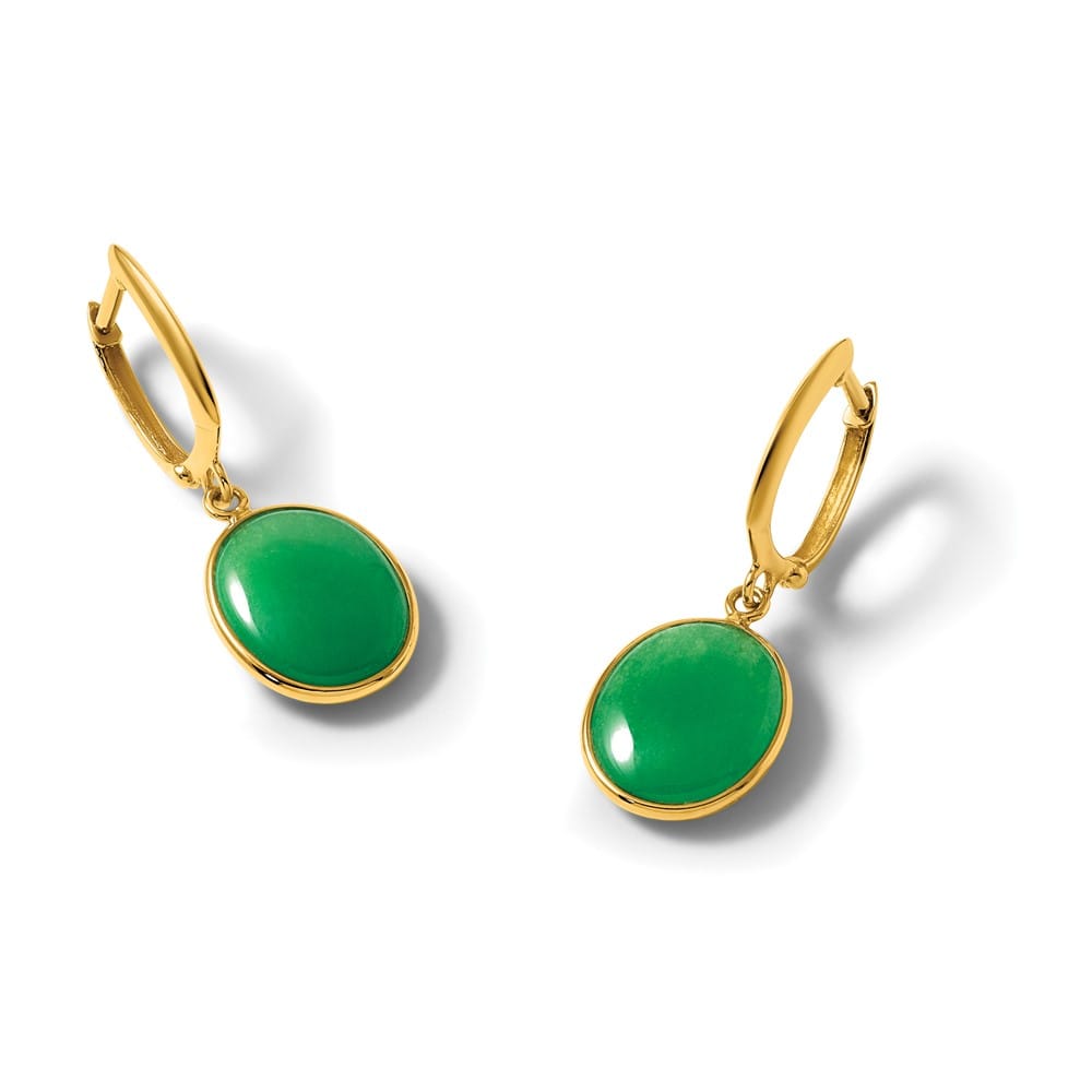 14K Yellow Gold Oval Jade Cabochon Dangle Hinged Hoop Earrings, view 4 of 4