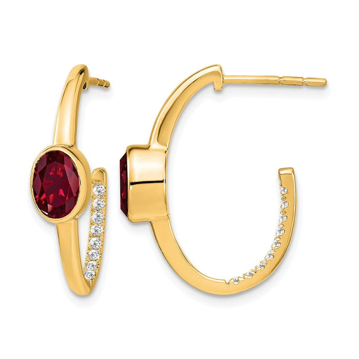 14K Yellow Gold Oval Lab Created Ruby and Diamond J-Hoop Post Earrings, view 1 of 4
