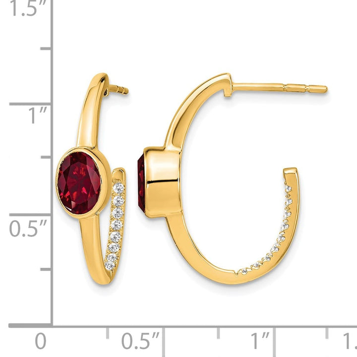 14K Yellow Gold Oval Lab Created Ruby and Diamond J-Hoop Post Earrings, view 4 of 4