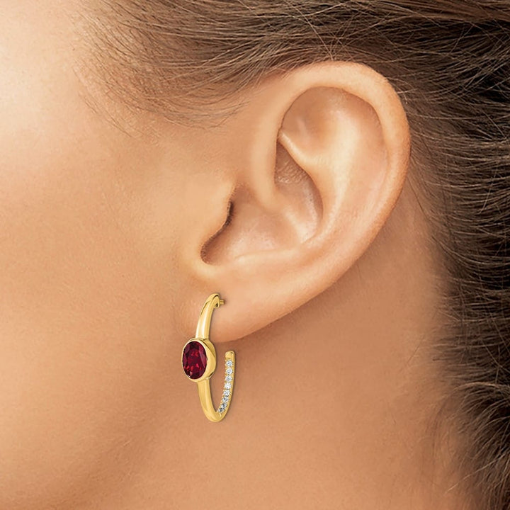 14K Yellow Gold Oval Lab Created Ruby and Diamond J-Hoop Post Earrings, view 3 of 4