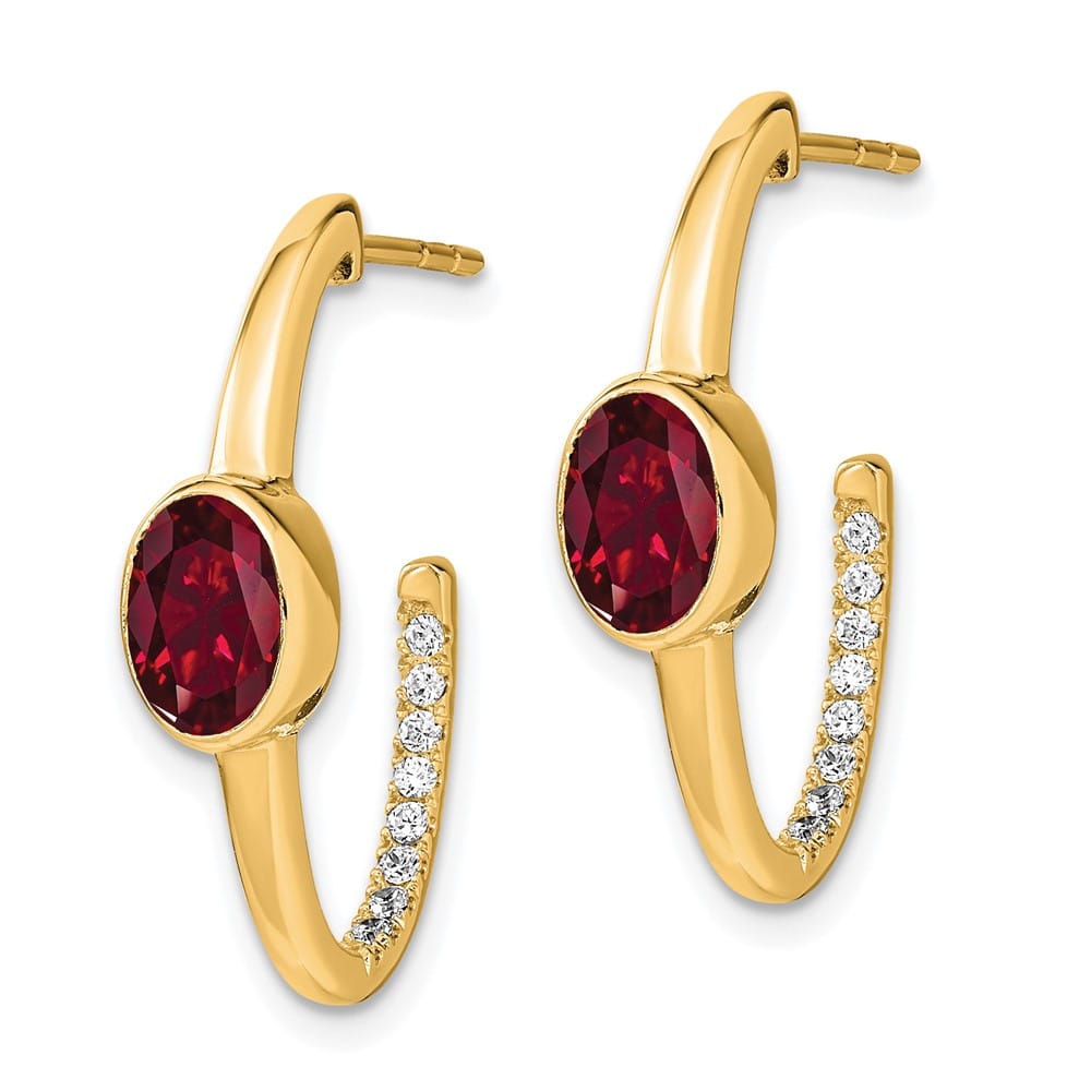 14K Yellow Gold Oval Lab Created Ruby and Diamond J-Hoop Post Earrings, view 2 of 4