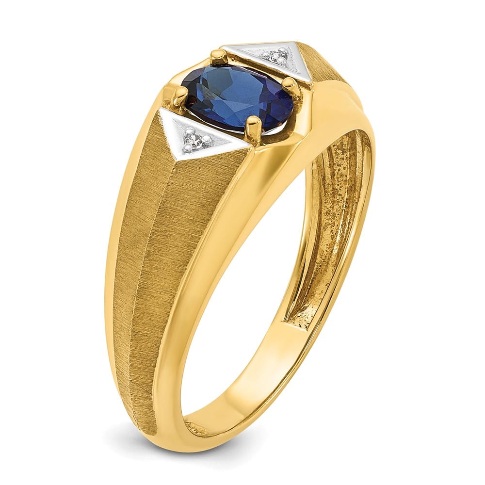 14k Yellow Gold Oval Lab Created Sapphire and Diamond Satin Men's Ring