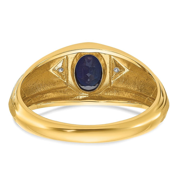 14k Yellow Gold Oval Lab Created Sapphire and Diamond Satin Men's Ring