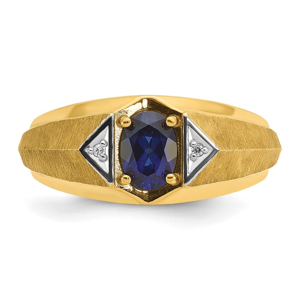 14k Yellow Gold Oval Lab Created Sapphire and Diamond Satin Men's Ring