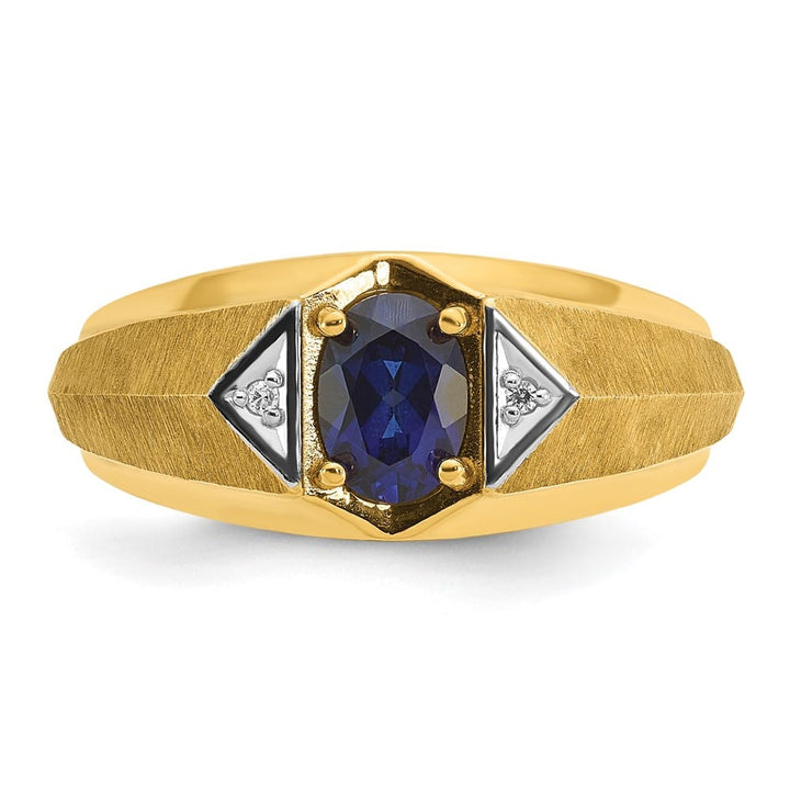 14k Yellow Gold Oval Lab Created Sapphire and Diamond Satin Men's Ring