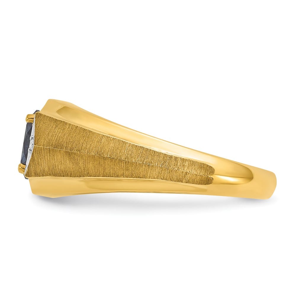 14k Yellow Gold Oval Lab Created Sapphire and Diamond Satin Men's Ring