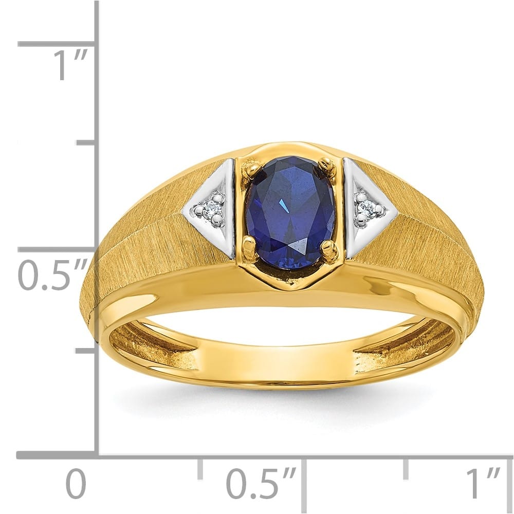 14k Yellow Gold Oval Lab Created Sapphire and Diamond Satin Men's Ring