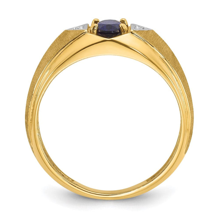 14k Yellow Gold Oval Lab Created Sapphire and Diamond Satin Men's Ring