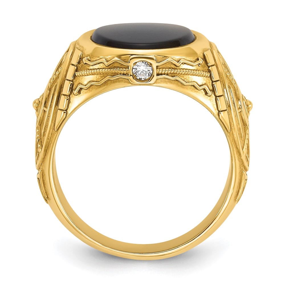 14k Yellow Gold Oval Onyx and 1/10 Carat Diamond Men's Ring