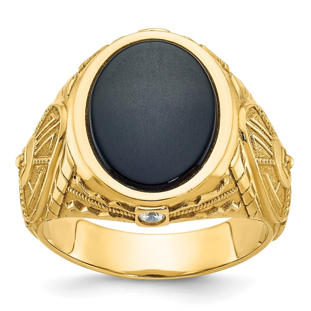 14k Yellow Gold Oval Onyx and 1/10 Carat Diamond Men's Ring